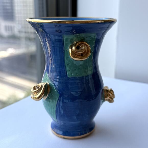Mary Rose Young Studio Pottery Blue And Green Gold Rose Floral Vase Signed 1995 - Picture 2 of 10